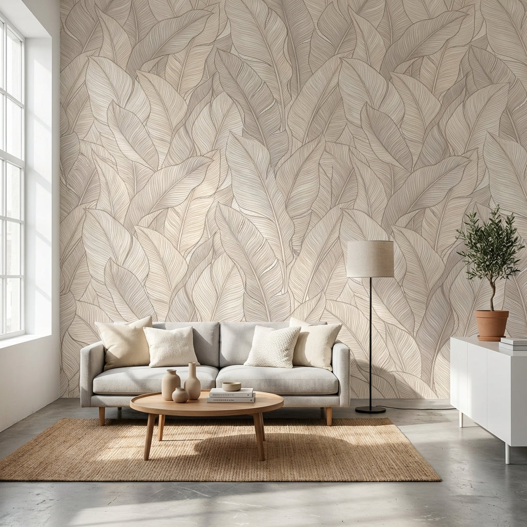 Bej Yaprak Desenli Poster Duvar Kağıdı Modern Salon Duvarı