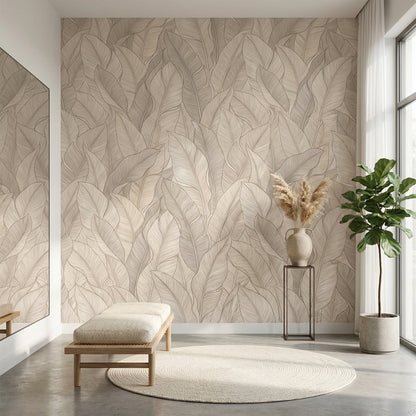 Bej Yaprak Desenli Poster Duvar Kağıdı Modern Salon Duvarı