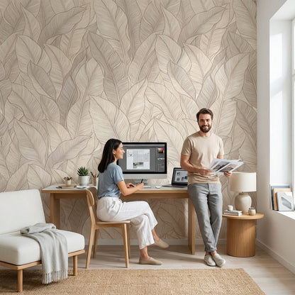 Bej Yaprak Desenli Poster Duvar Kağıdı Modern Salon Duvarı