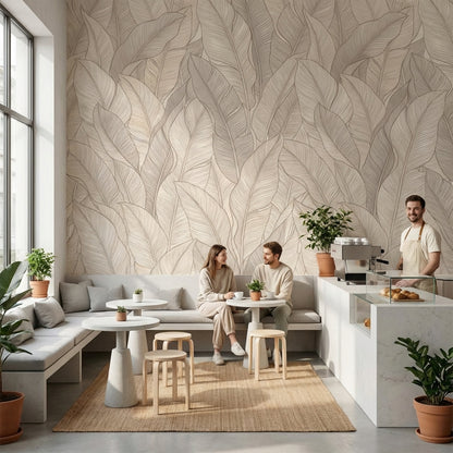 Bej Yaprak Desenli Poster Duvar Kağıdı Modern Salon Duvarı