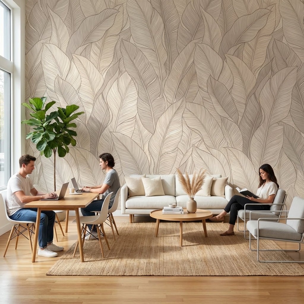 Bej Yaprak Desenli Poster Duvar Kağıdı Modern Salon Duvarı