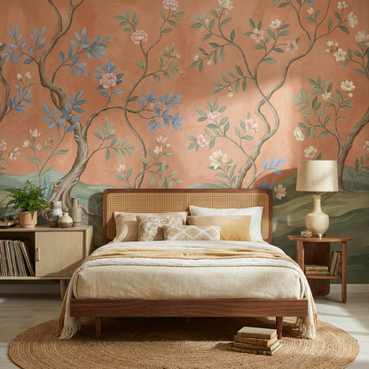 Çiçekli Ağaç Dalları Poster Duvar Kağıdı Terracotta Yatak Odası