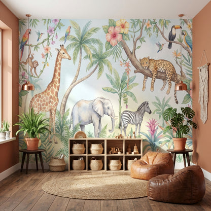 Safari Hayvanlı Poster Duvar Kağıdı Pastel Çocuk Odası Duvar Muralı