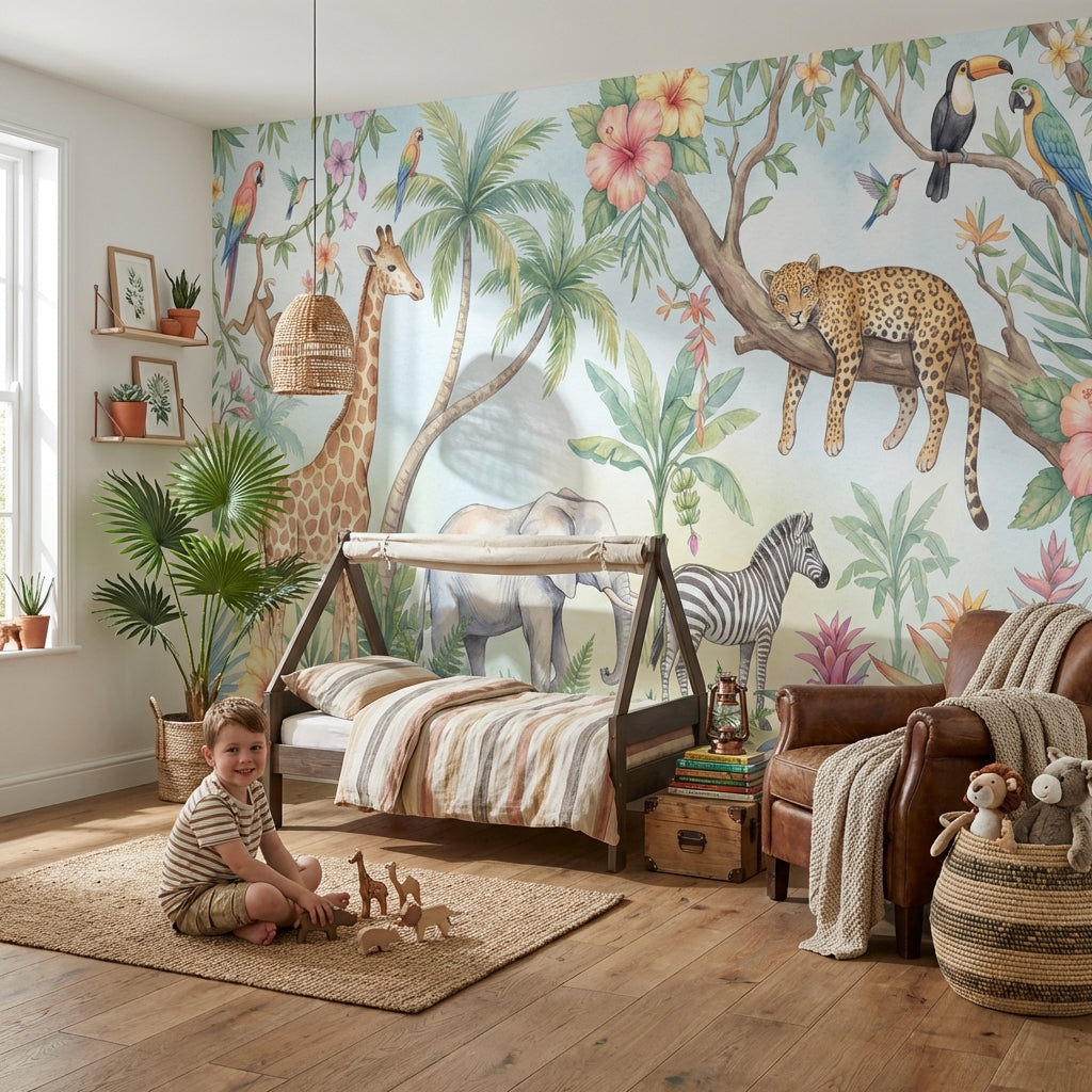 Safari Hayvanlı Poster Duvar Kağıdı Pastel Çocuk Odası Duvar Muralı