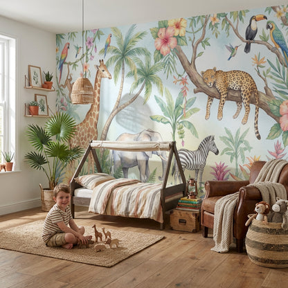 Safari Hayvanlı Poster Duvar Kağıdı Pastel Çocuk Odası Duvar Muralı