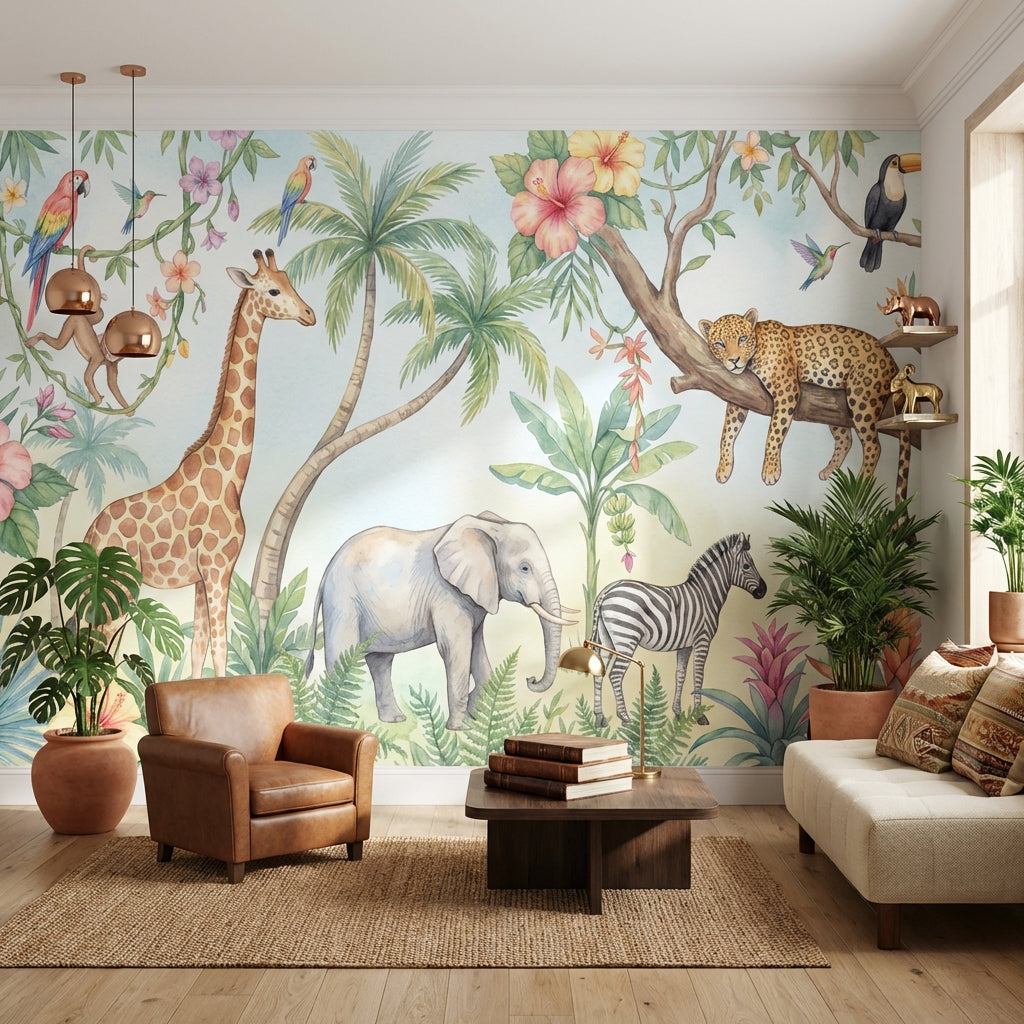 Safari Hayvanlı Poster Duvar Kağıdı Pastel Çocuk Odası Duvar Muralı