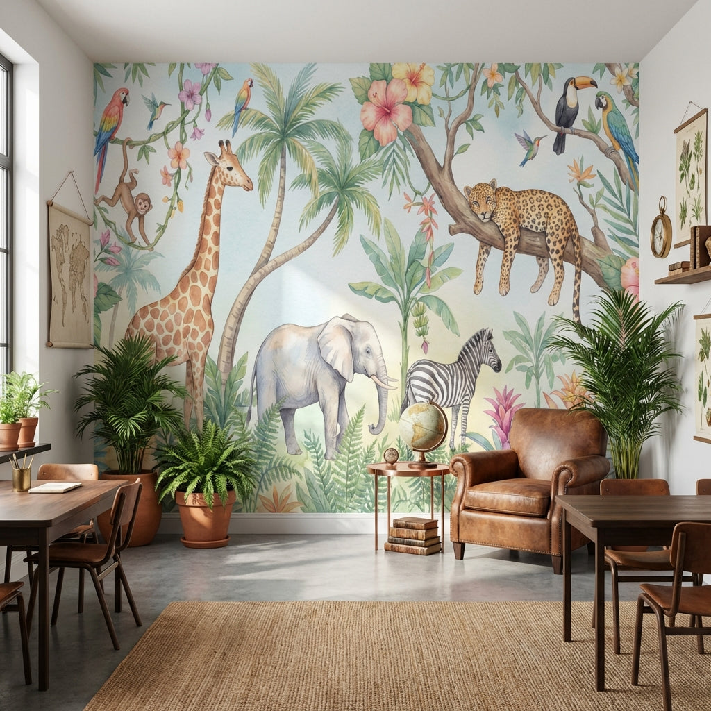 Safari Hayvanlı Poster Duvar Kağıdı Pastel Çocuk Odası Duvar Muralı