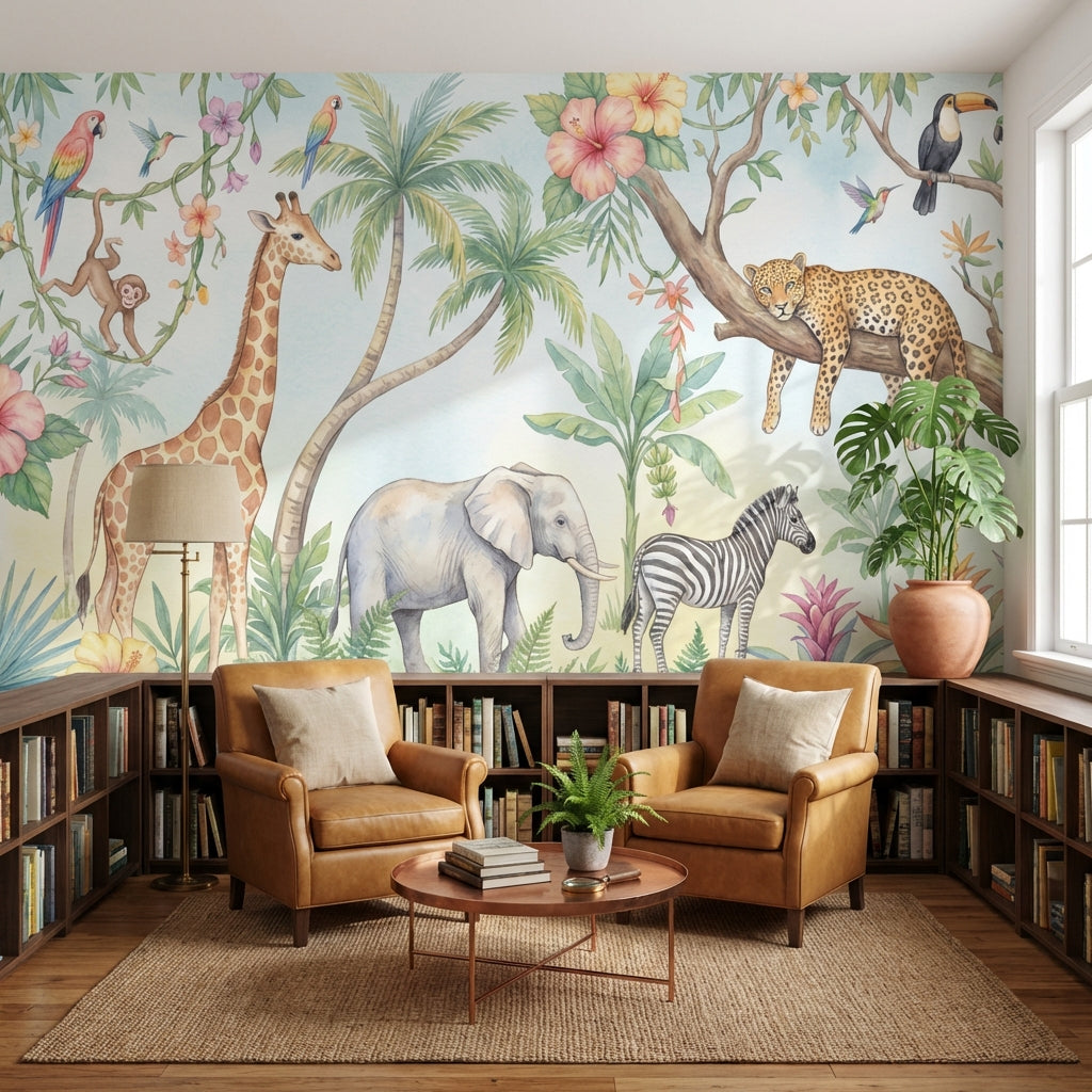 Safari Hayvanlı Poster Duvar Kağıdı Pastel Çocuk Odası Duvar Muralı