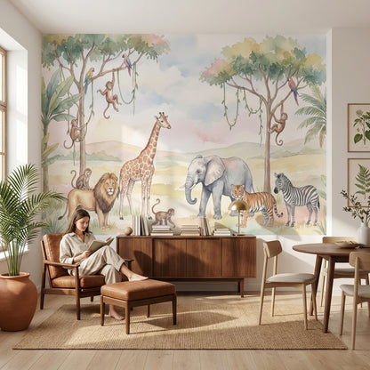 Safari Hayvanlı Poster Duvar Kağıdı Pastel Çocuk Odası Desenli