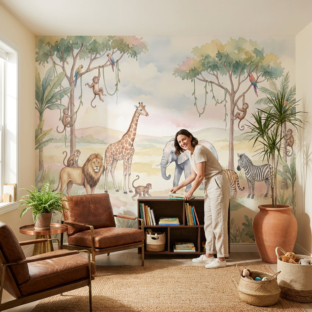 Safari Hayvanlı Poster Duvar Kağıdı Pastel Çocuk Odası Desenli