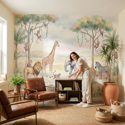 Safari Hayvanlı Poster Duvar Kağıdı Pastel Çocuk Odası Desenli