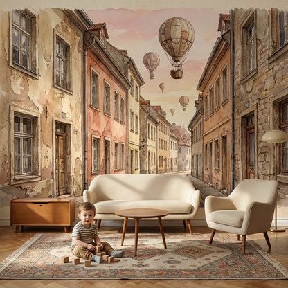 Balonlu Eski Şehir Sokağı Poster Duvar Kağıdı Çocuk Odası
