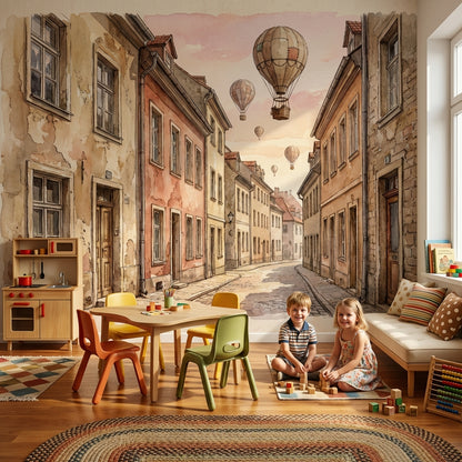 Balonlu Eski Şehir Sokağı Poster Duvar Kağıdı Çocuk Odası