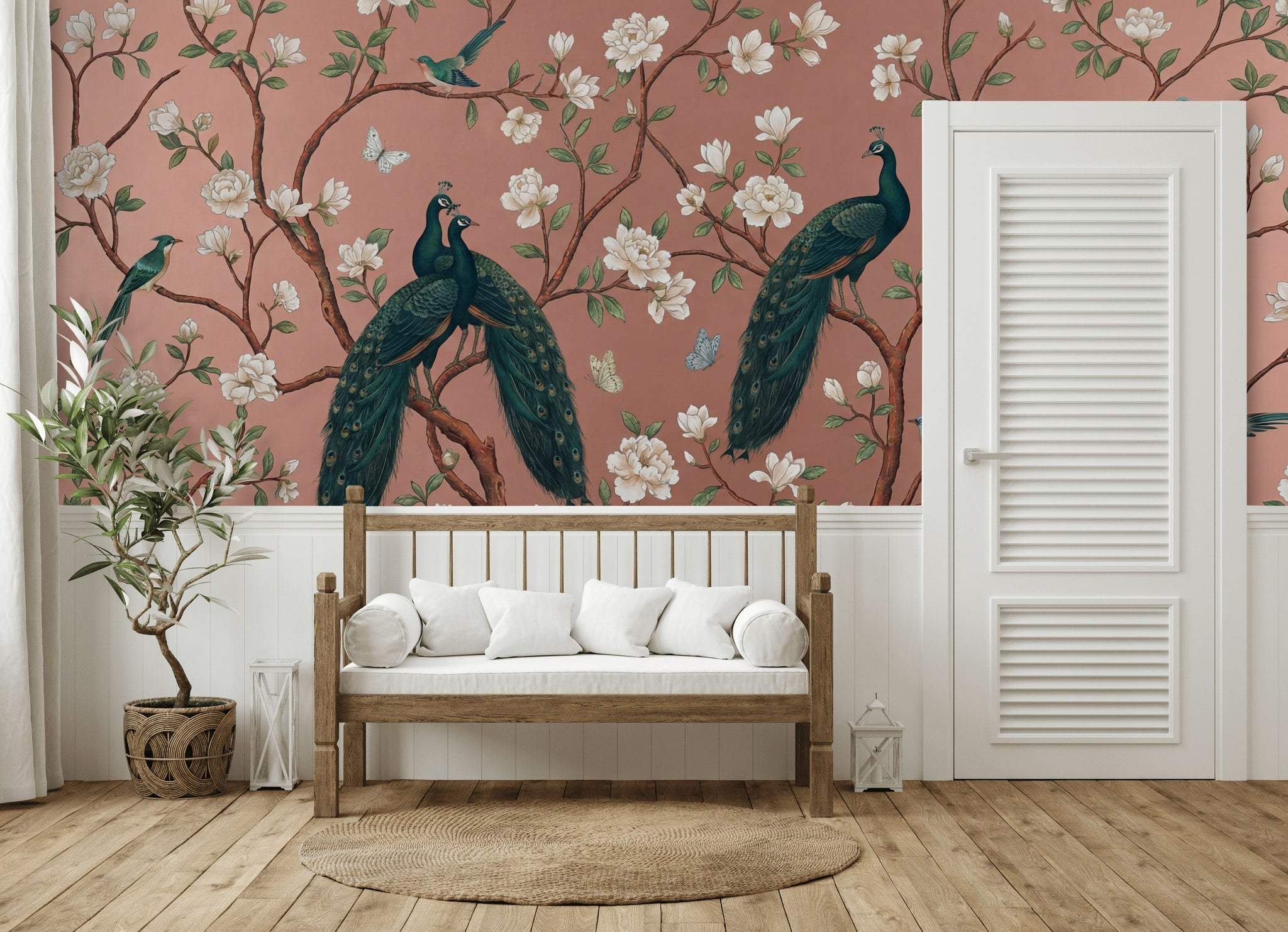 Tavus Kuşlu Çiçekli Poster Duvar Kağıdı Pudra Pembe Salon