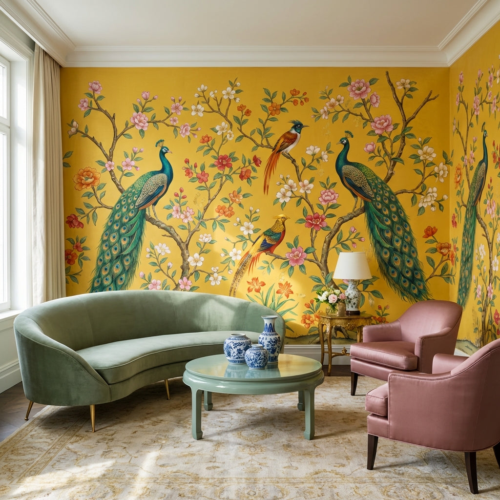 Tavus Kuşlu Çiçekli Poster Duvar Kağıdı Sarı Salon Duvarı