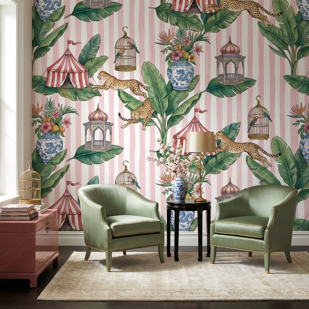 Tropikal Leoparlı Poster Duvar Kağıdı Pembe Çizgili Salon Dekoru