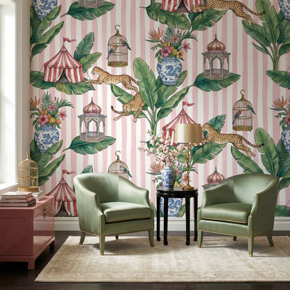 Tropikal Leoparlı Poster Duvar Kağıdı Pembe Çizgili Salon Dekoru