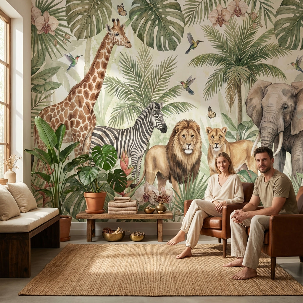 Safari Hayvanlı Poster Duvar Kağıdı Yeşil Tropik Yapraklı