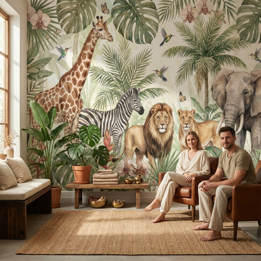 Safari Hayvanlı Poster Duvar Kağıdı Yeşil Tropik Yapraklı