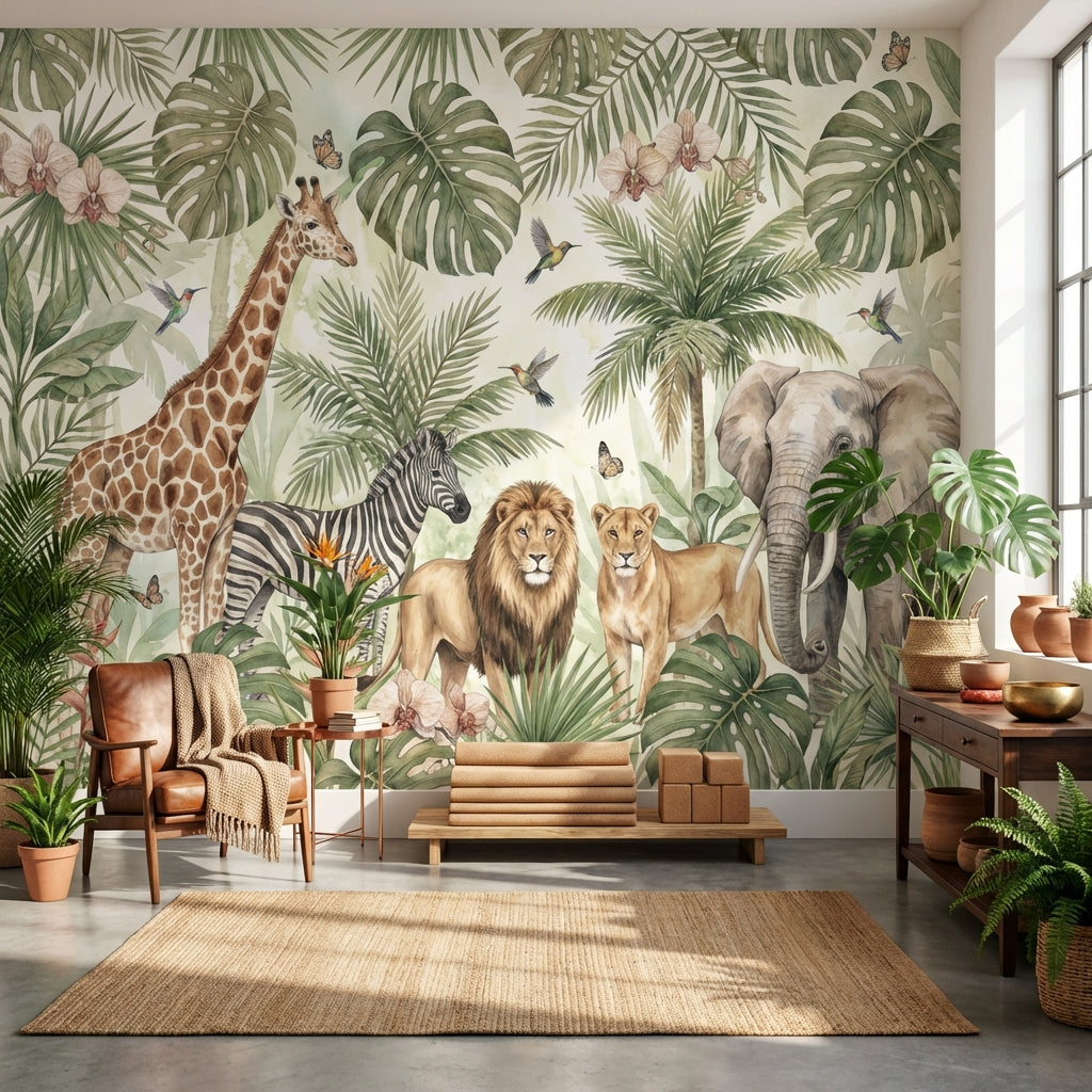 Safari Hayvanlı Poster Duvar Kağıdı Yeşil Tropik Yapraklı