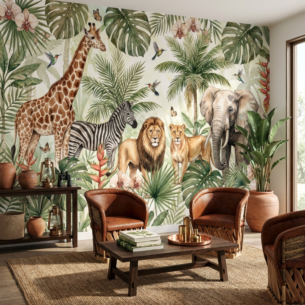 Safari Hayvanlı Poster Duvar Kağıdı Yeşil Tropik Yapraklı