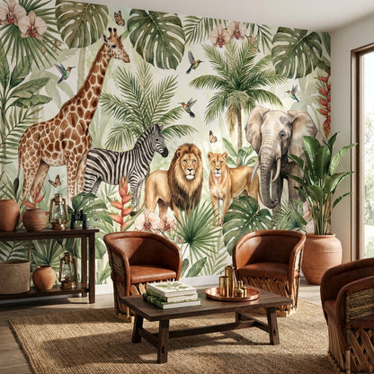 Safari Hayvanlı Poster Duvar Kağıdı Yeşil Tropik Yapraklı