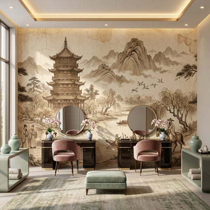 Uzak Doğu Pagoda Manzaralı Poster Duvar Kağıdı Bej Salon