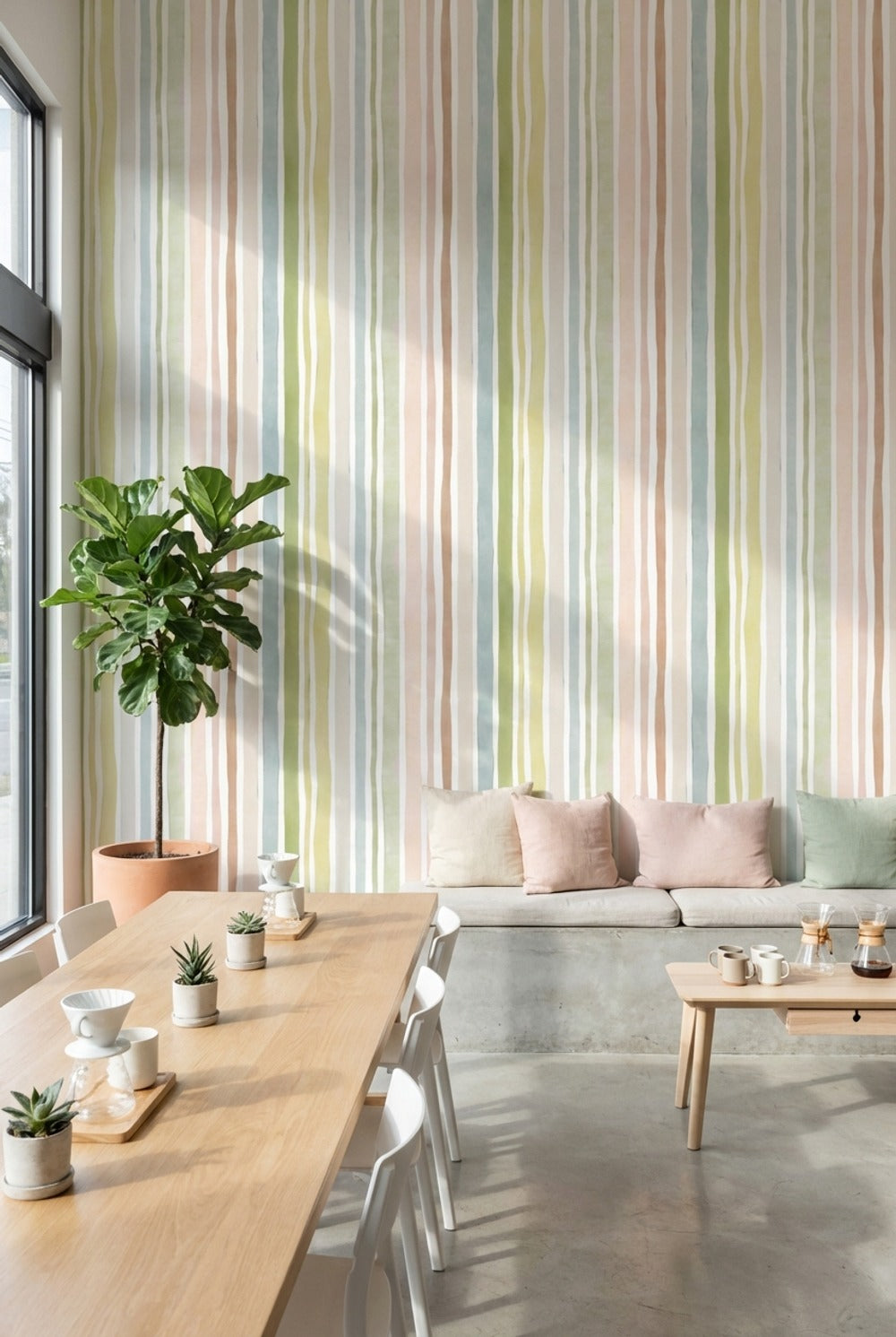 Pastel Dikey Çizgili Duvar Kağıdı Yeşil Bej Salon
