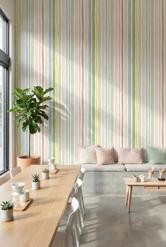 Pastel Dikey Çizgili Duvar Kağıdı Yeşil Bej Salon