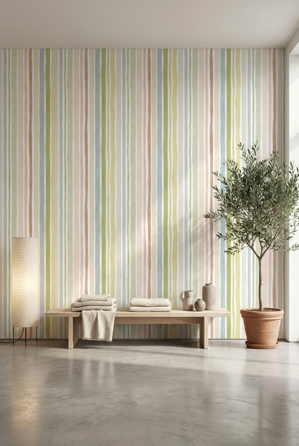 Pastel Dikey Çizgili Duvar Kağıdı Yeşil Bej Salon