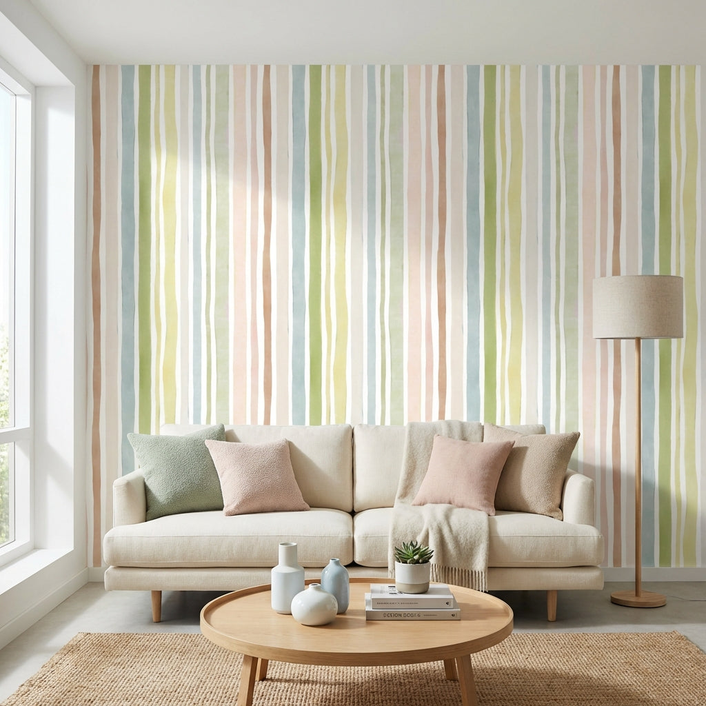 Pastel Dikey Çizgili Duvar Kağıdı Yeşil Bej Salon