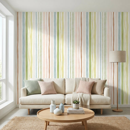 Pastel Dikey Çizgili Duvar Kağıdı Yeşil Bej Salon