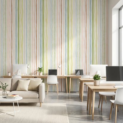 Pastel Dikey Çizgili Duvar Kağıdı Yeşil Bej Salon