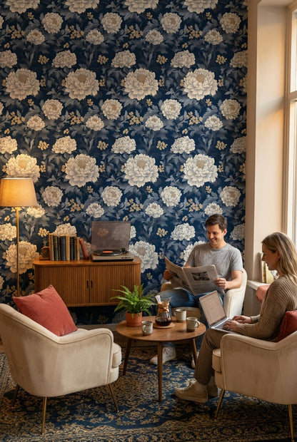 Lacivert Büyük Çiçekli Duvar Kağıdı Klasik Salon Deseni