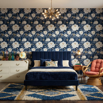 Lacivert Büyük Çiçekli Duvar Kağıdı Klasik Salon Deseni
