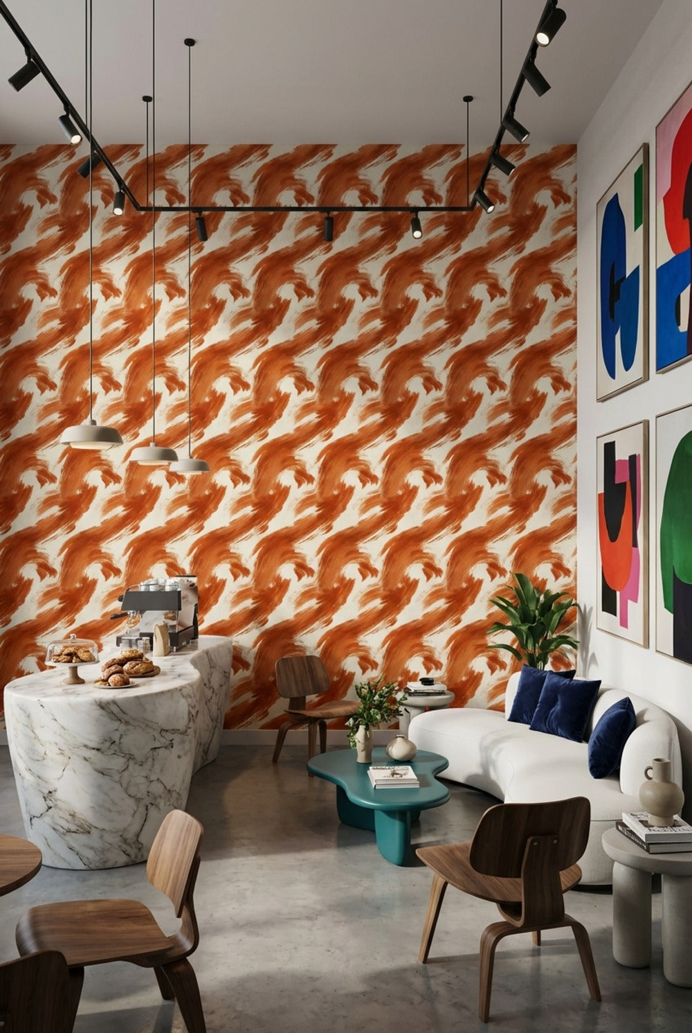 Turuncu Fırça Darbeli Soyut Duvar Kağıdı Modern Salon
