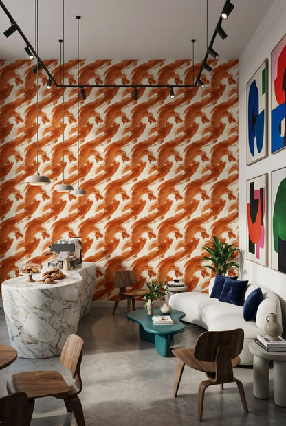 Turuncu Fırça Darbeli Soyut Duvar Kağıdı Modern Salon