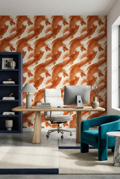 Turuncu Fırça Darbeli Soyut Duvar Kağıdı Modern Salon