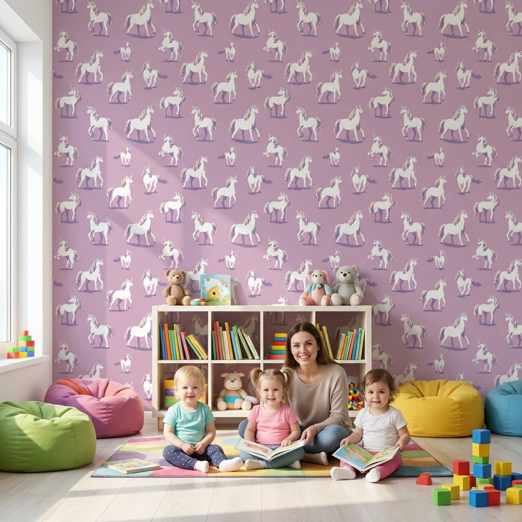 Unicorn Desenli Duvar Kağıdı Mor Zemin Çocuk Odası