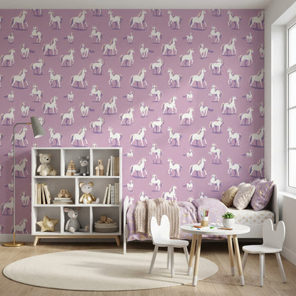 Unicorn Desenli Duvar Kağıdı Mor Zemin Çocuk Odası