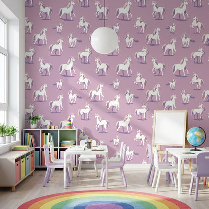 Unicorn Desenli Duvar Kağıdı Mor Zemin Çocuk Odası