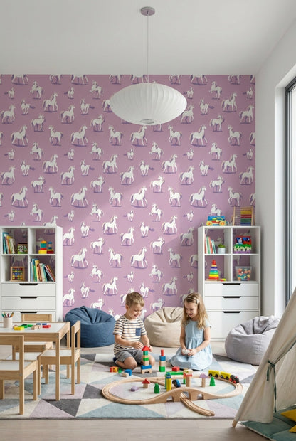 Unicorn Desenli Duvar Kağıdı Mor Zemin Çocuk Odası