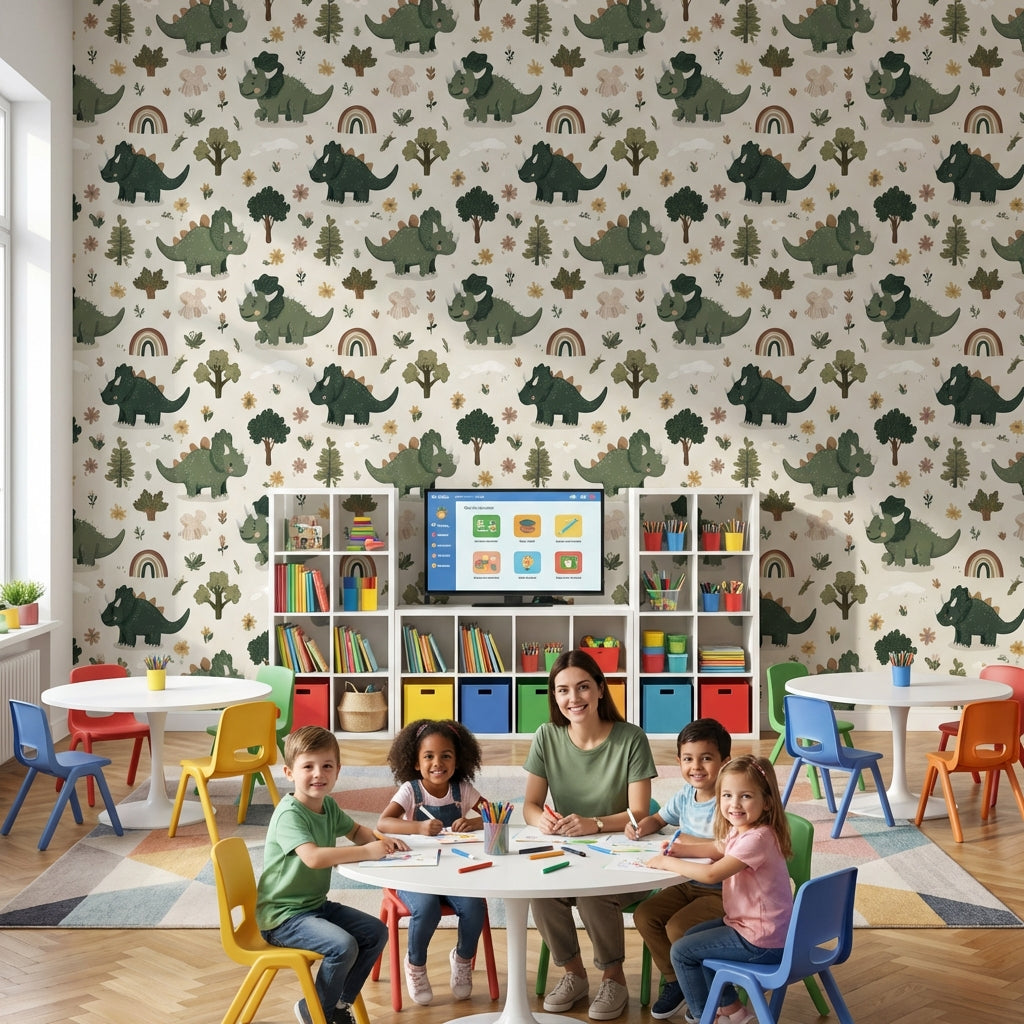 Sevimli Dinozorlu Duvar Kağıdı Yeşil Çocuk Odası Deseni