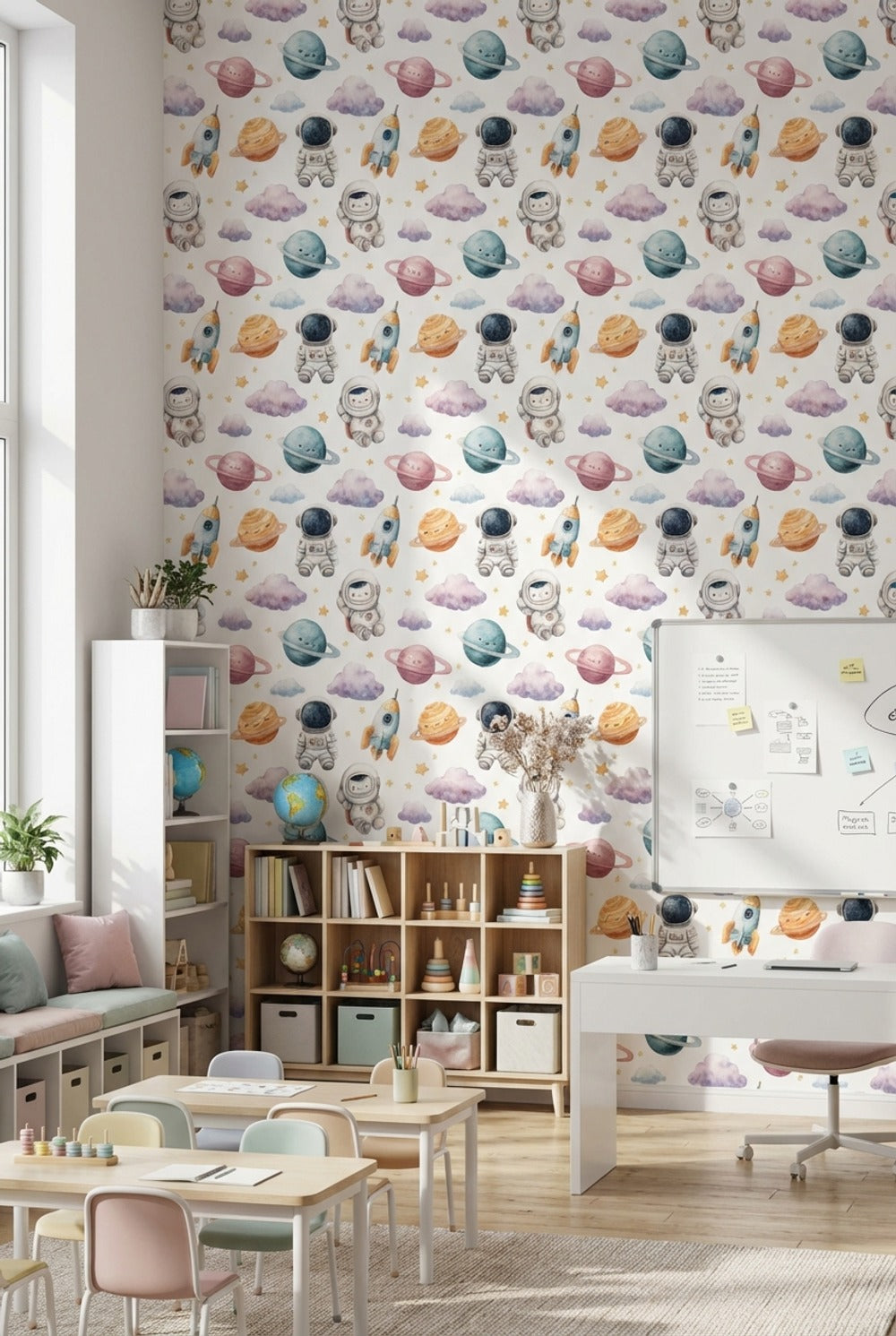 Uzay Astronotlu Duvar Kağıdı Pastel Gezegen Desenli Çocuk Odası