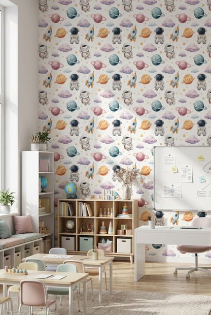 Uzay Astronotlu Duvar Kağıdı Pastel Gezegen Desenli Çocuk Odası