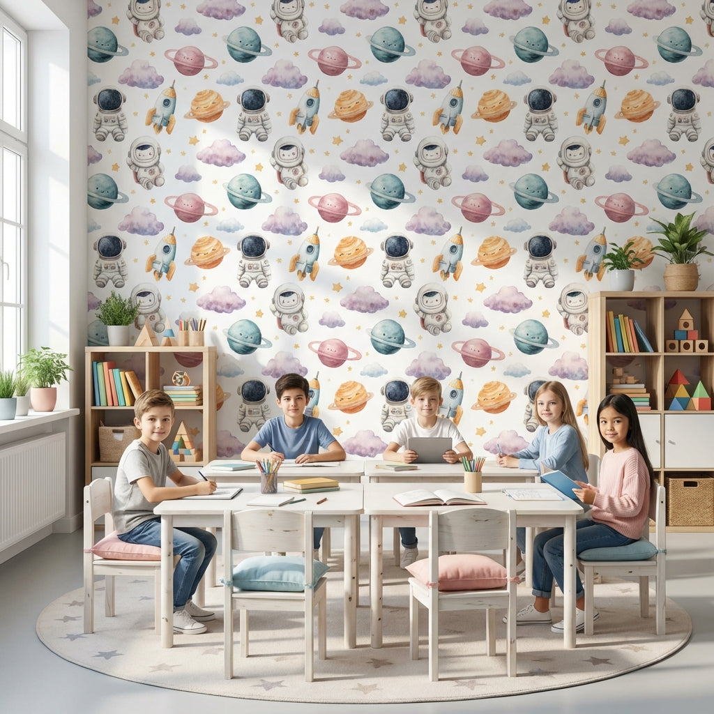 Uzay Astronotlu Duvar Kağıdı Pastel Gezegen Desenli Çocuk Odası