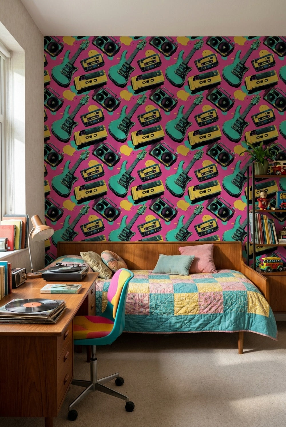 Retro Müzik Temalı Duvar Kağıdı Pembe Zemin Salon