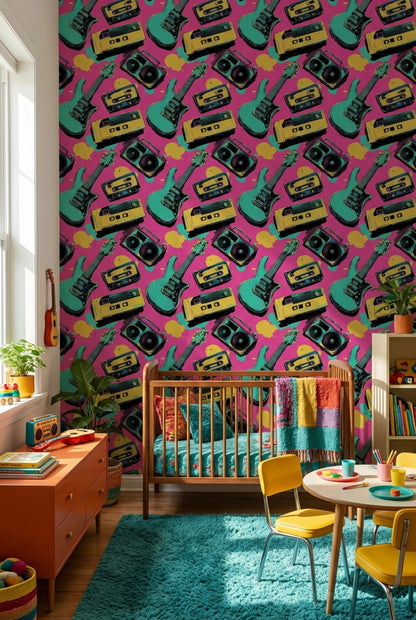 Retro Müzik Temalı Duvar Kağıdı Pembe Zemin Salon