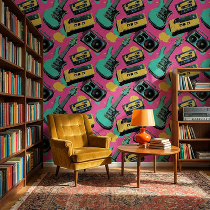 Retro Müzik Temalı Duvar Kağıdı Pembe Zemin Salon