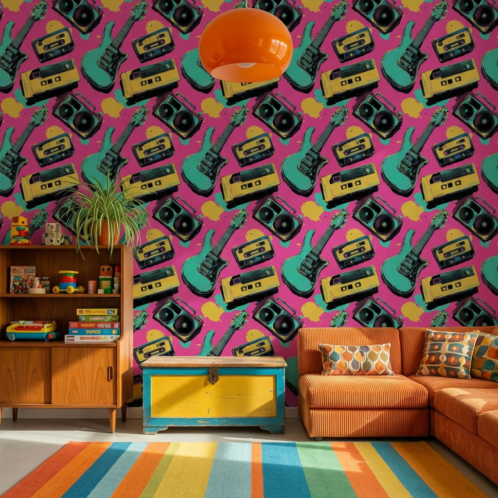 Retro Müzik Temalı Duvar Kağıdı Pembe Zemin Salon